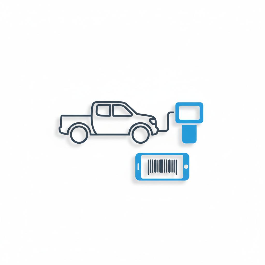 Minimalist vector illustration of a pickup silhouette with a diagnostic scanner and smartphone showing a barcode representing a VIN for ford mavericks for sale