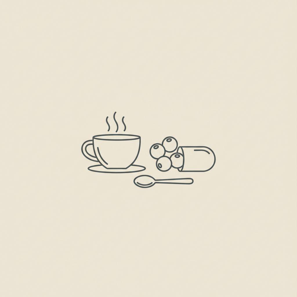 Minimalist Tonum-style line illustration of a steaming coffee cup, a small spoon, and a capsule with three berries on beige background — what is in the coffee loophole drink