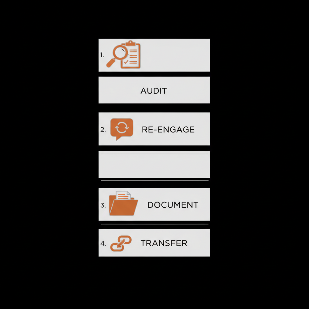 Vertical minimalist infographic on black background with four step icons labeled Audit → Re-engage → Document → Transfer for article how much is a 20k instagram account worth
