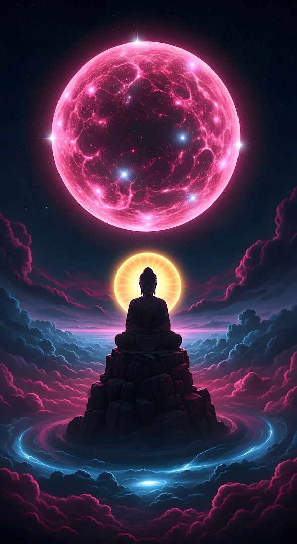 Buddha Meditating Under Giant Pink Nebula Moon