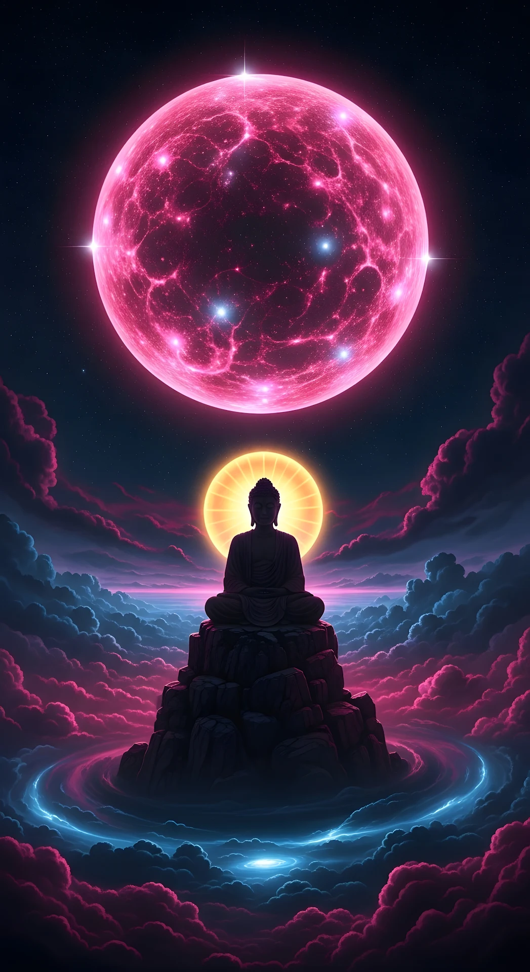 Buddha Meditating Under Giant Pink Nebula Moon - Free 4K mobile Wallpaper