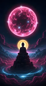 Buddha Meditating Under Giant Pink Nebula Moon