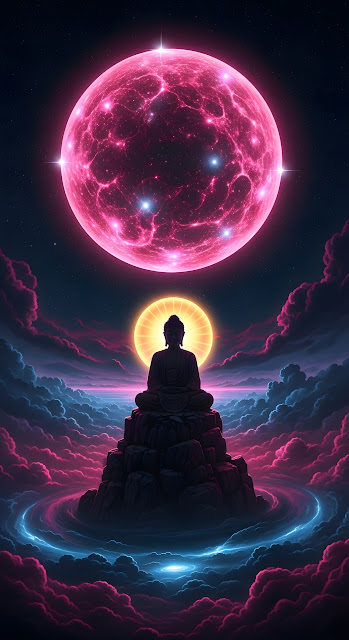 Buddha Meditating Under Giant Pink Nebula Moon - Free mobile Wallpaper