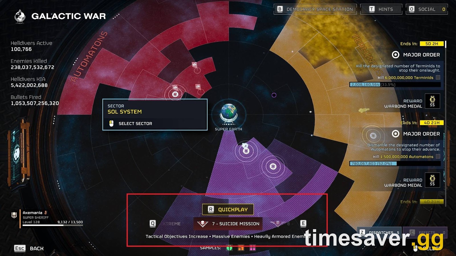 Helldivers 2 Galactic War map with the difficulty selector, showing how to choose a planet and mission difficulty