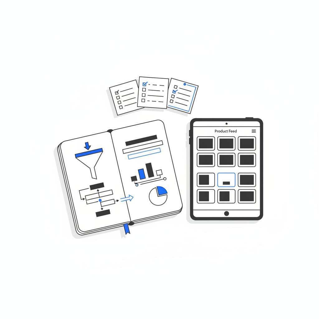 Top-down vector sketch of a notebook, tablet with abstract product grid, and sticky notes showing a 30-day testing checklist for meta ads ROI, minimalist Agency Visible style.