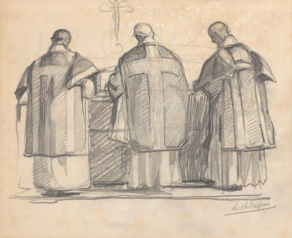 Three priests in front of an altar