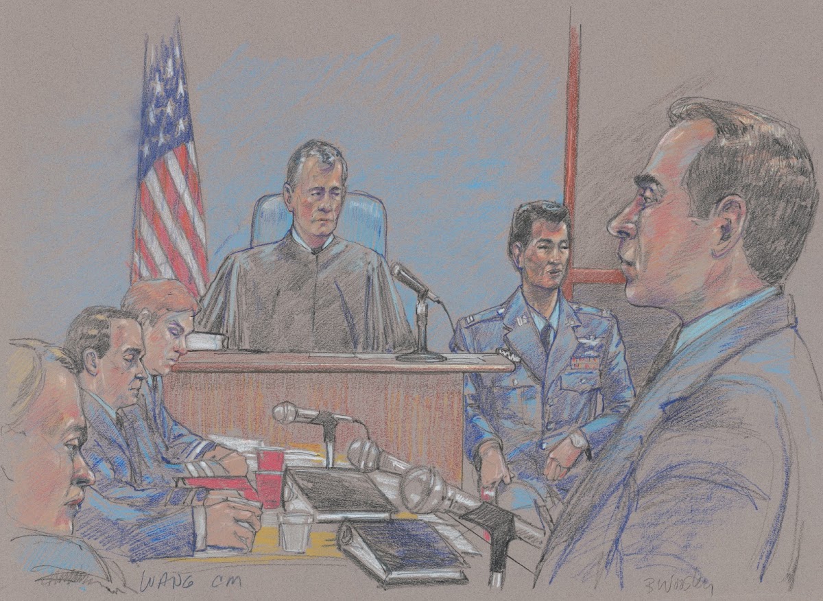 Defendant James Wang judge lawyer and others during Wangs court martial on charg