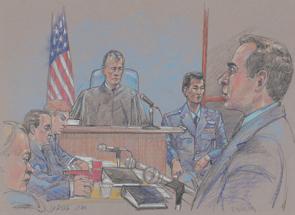 Defendant James Wang judge lawyer and others during Wangs court martial on charg