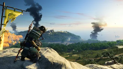 Ghost of Tsushima , PlayStation, Screen Shot, Smoke, Landscape, Trees Wallpaper Background