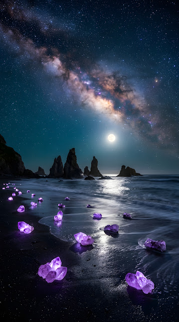 Surreal Night Photography of Glowing Purple Crystals on a Dark Beach - Free mobile Wallpaper
