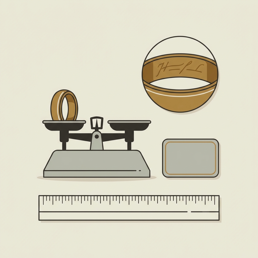Minimalist vector listing image of an antique widows ring on a jeweler scale with ruler and inset showing inner band detail and a blank provenance card