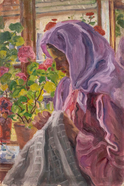 Junge Näherin am Blumenfenster 1905