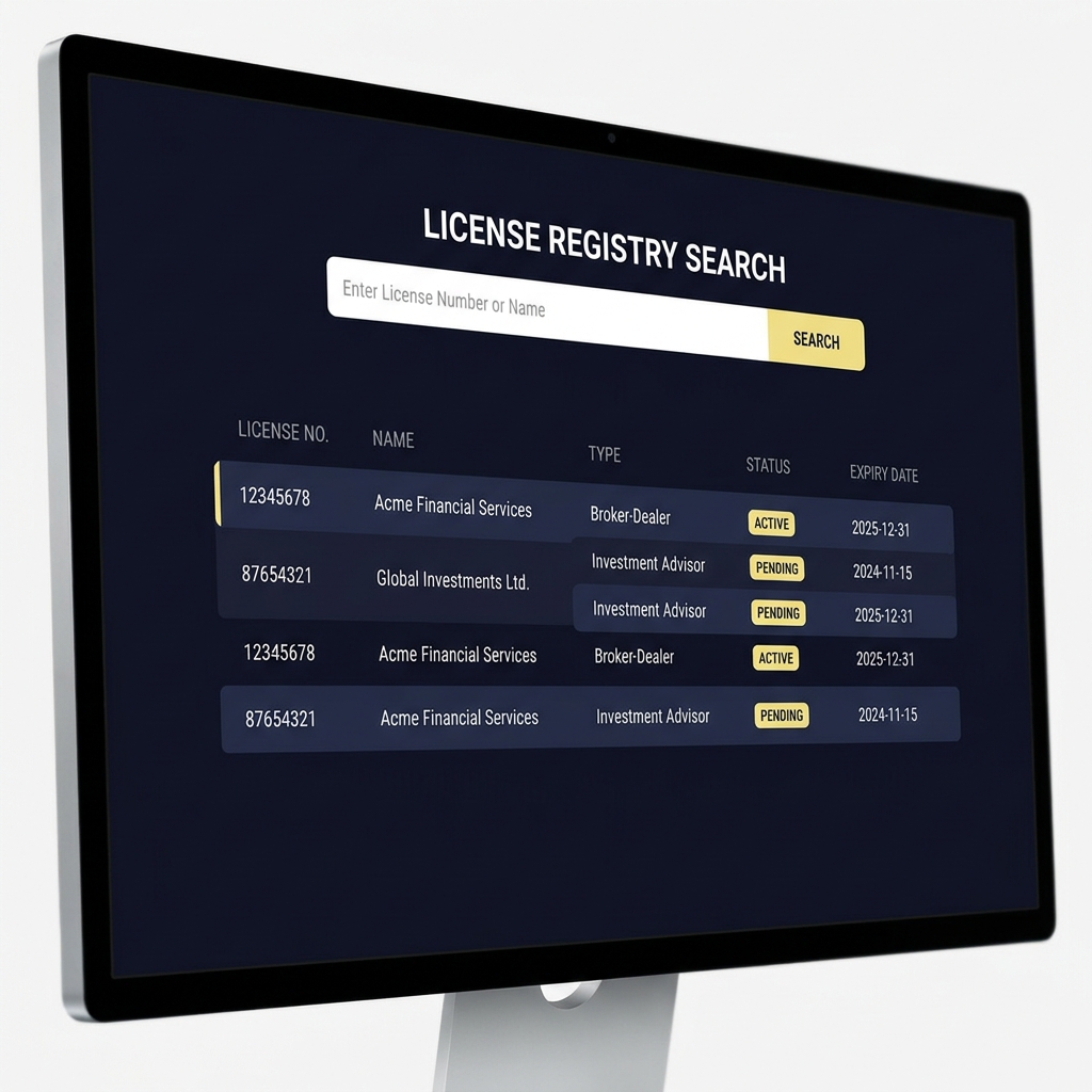Desktop monitor close up showing regulatory license registry search interface in Funded Plays colors with clear table rows and highlighted license 1xbetonline