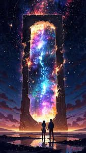 Couple holds hands before cosmic portal glowing with nebula light