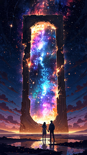 Couple holds hands before cosmic portal glowing with nebula light - Free mobile Wallpaper