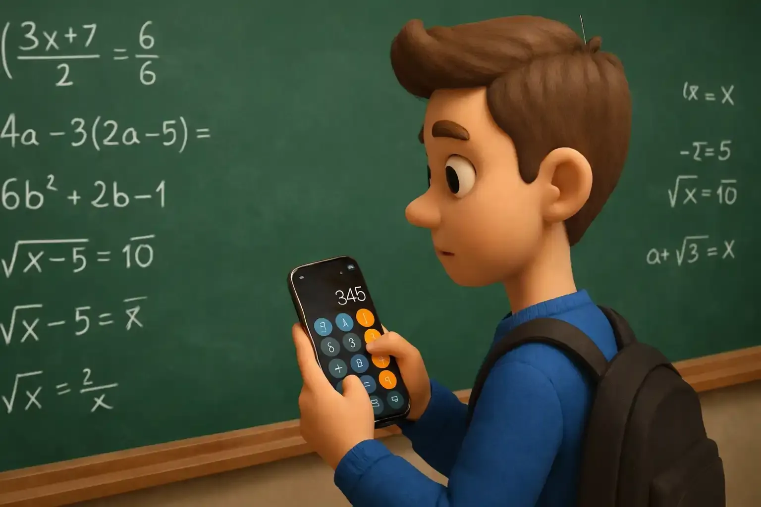 Un chico intenta resolver un cálculo muy complicado en el pizarrón del aula con su teléfono.