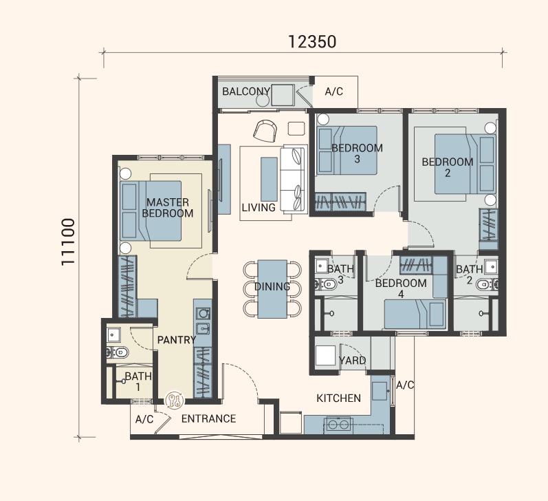 Veridian Type C floor plan — 1243 sq ft, 3 bedrooms