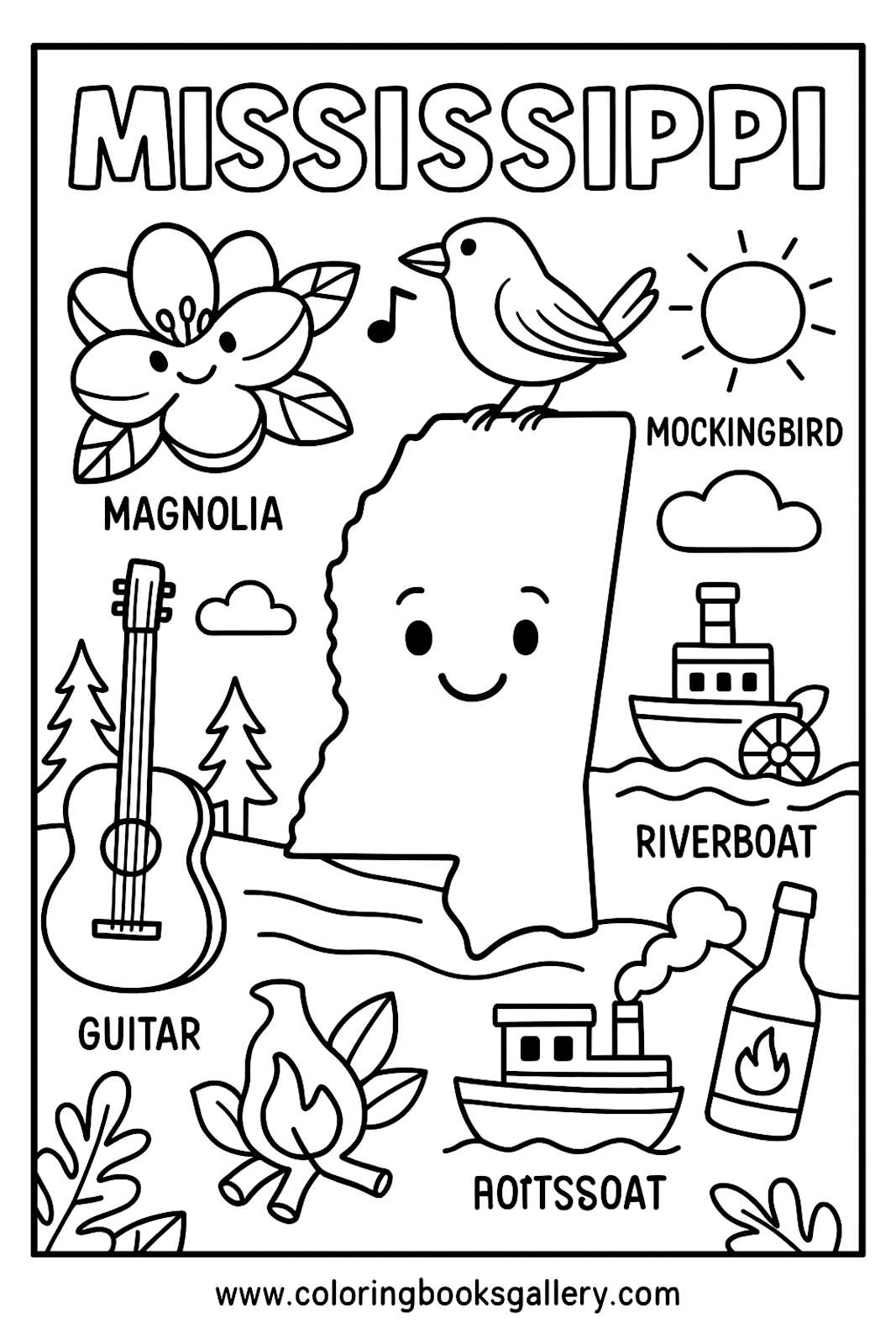 Mississippi Educational Coloring Page – Simple Educational Printable Line Art for Kids – printable coloring page