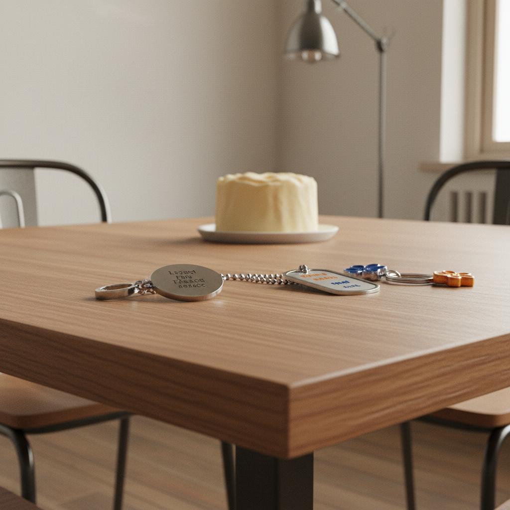 Nahaufnahme personalisierter Edelstahl-Anhänger und gravierter Schlüsselanhänger auf Holztisch, romantische geschenke mann, warmes Licht und industrieller Charme.