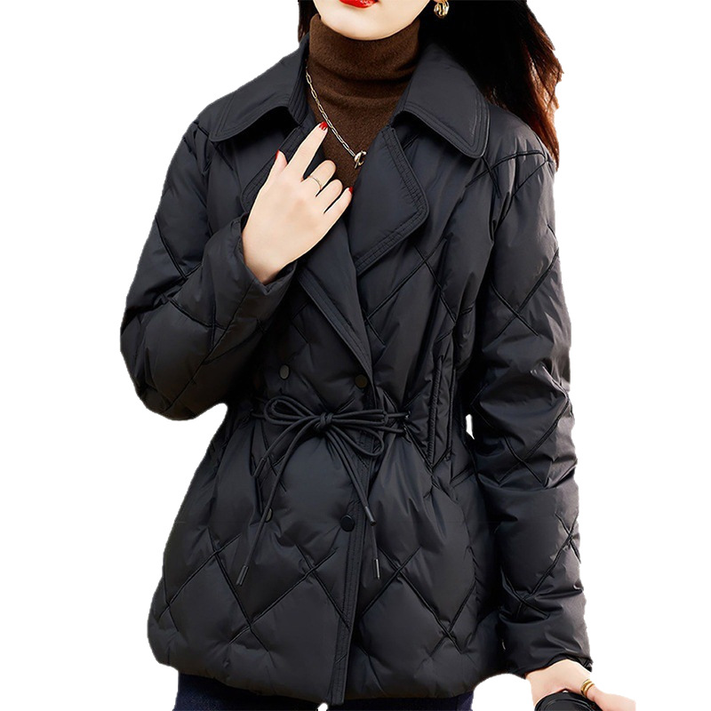 Elegant down jacket with lapel collar and embroidery