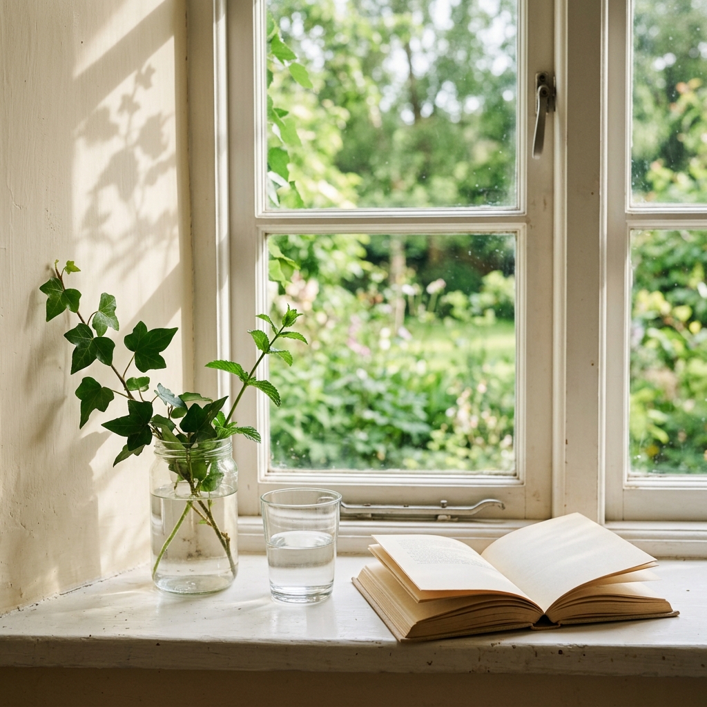 A clean, quiet kitchen windowsill in early summer, featuring wild ivy and a mint branch in a plain glass jar, a clear glass of water, and an open paperback book under soft morning light.