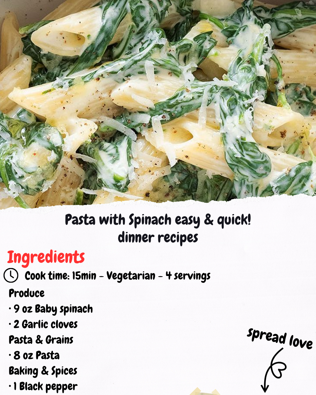 Pasta with Spinach easy & quick! dinner recipes