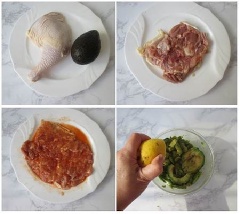 Đùi gà rửa sạch, lọc bỏ xương, dùng gáy dao dần miếng thịt gà cho mỏng và mềm. Ướp thịt gà với một ít mật ong, dầu hào, rượu nấu ăn khoảng 30 phút. Quả bơ tách lấy phần cùi cho vào bát, thêm nước cốt chanh vào.