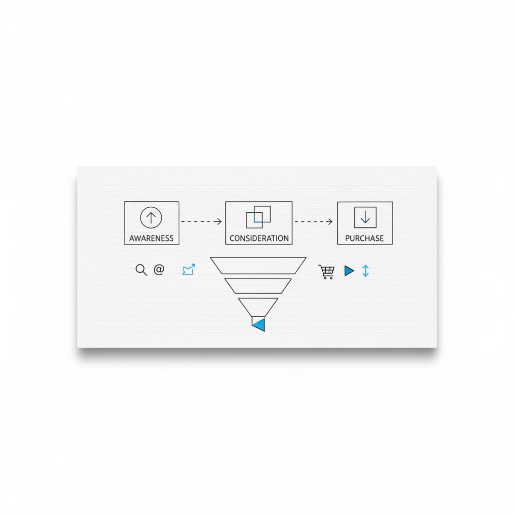 Is PPC just Google Ads? Minimal notebook sketch of a customer journey map showing awareness, consideration, purchase with search, social, marketplace, video icons in #39383f and #1a5bfb on white.