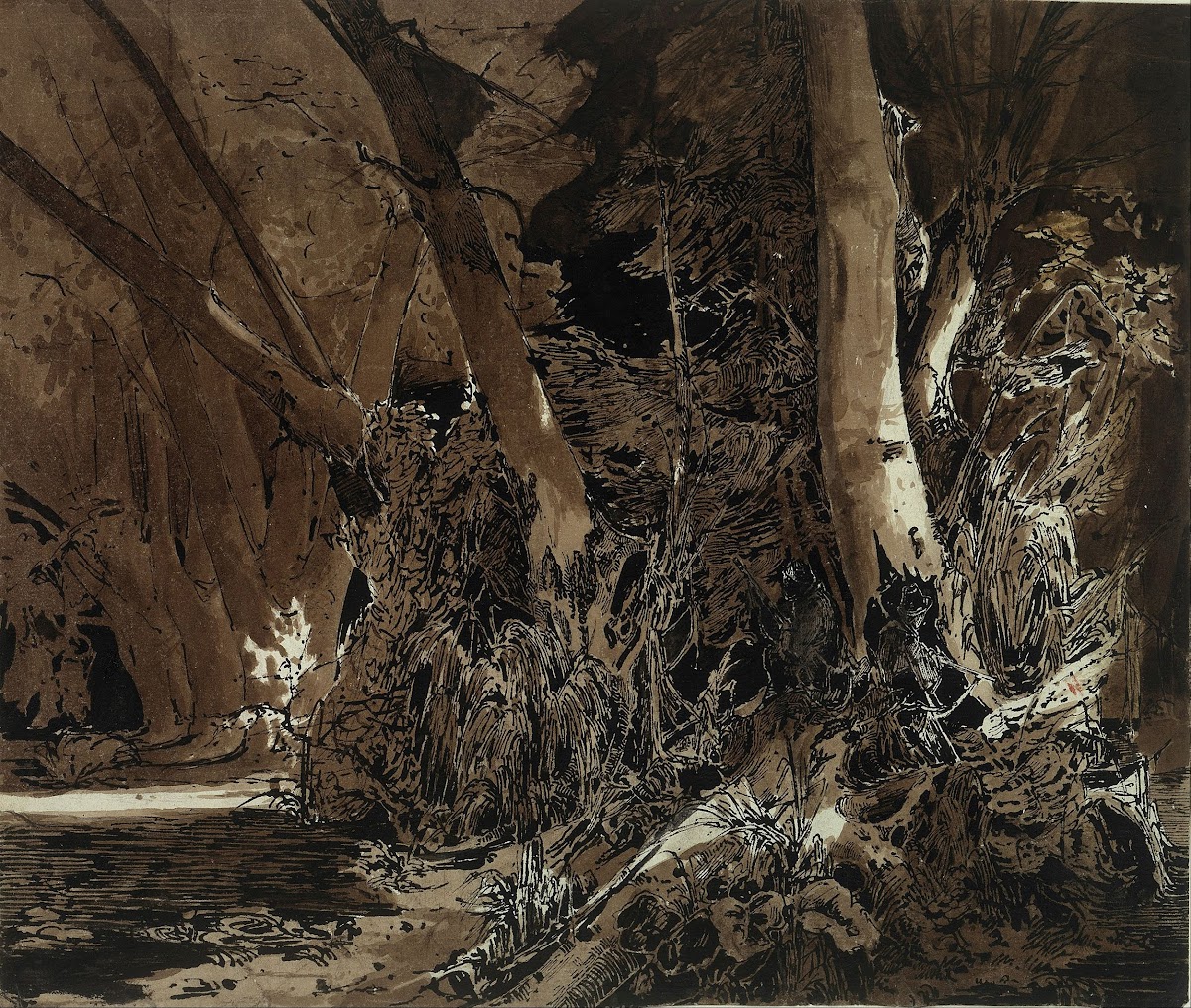 Forest landscape with flowing water and two hunters from 1830 until 1835