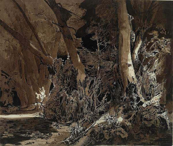 Forest landscape with flowing water and two hunters from 1830 until 1835