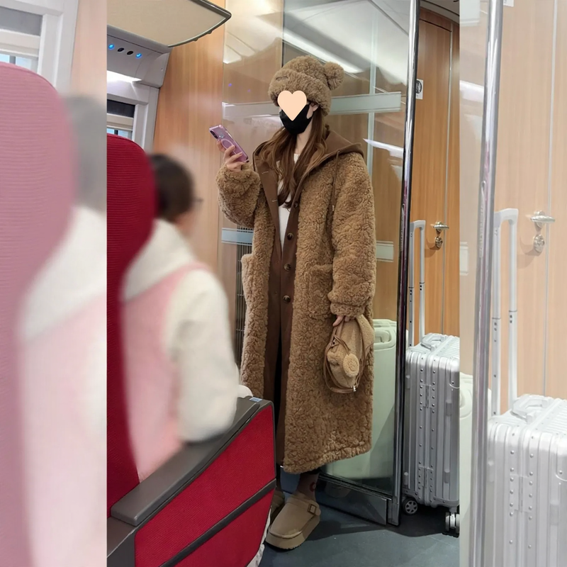 Long Women's Coat in Lambskin Look