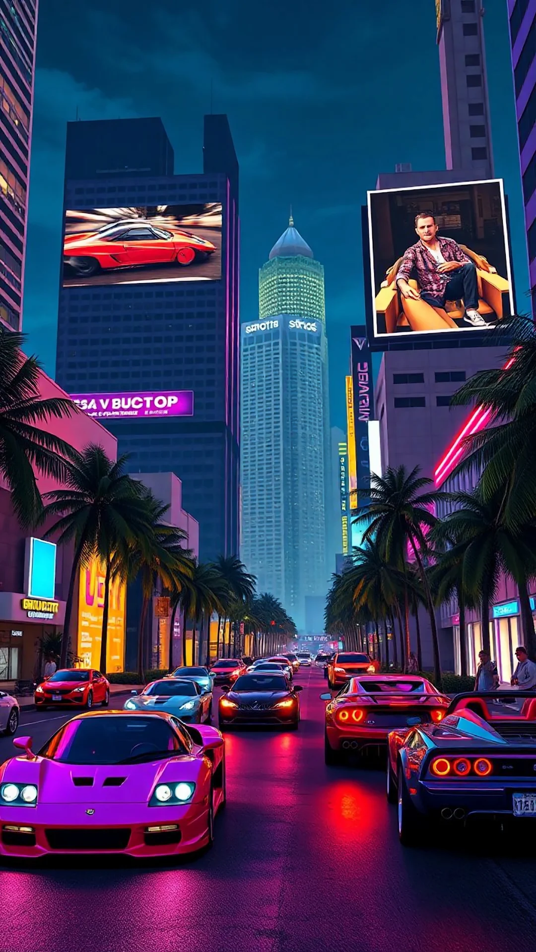 Neon-lit city street with luxury cars and palm trees at dusk - Free 4K mobile Wallpaper