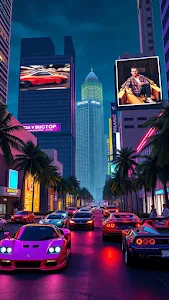 Neon-lit city street with luxury cars and palm trees at dusk