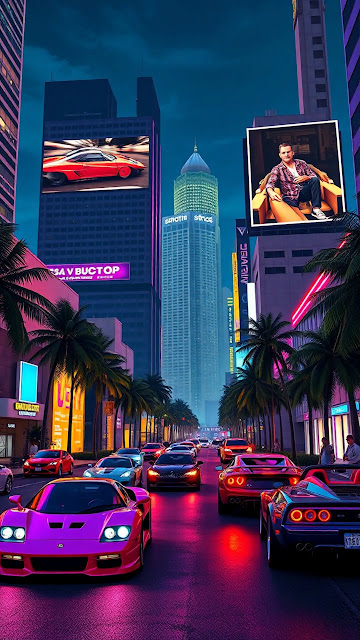 Neon-lit city street with luxury cars and palm trees at dusk - Free mobile Wallpaper