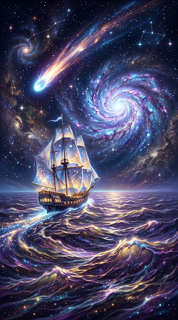 Cosmic Ocean with Stardust Sail Ship and Glowing Comet - Free mobile Wallpaper
