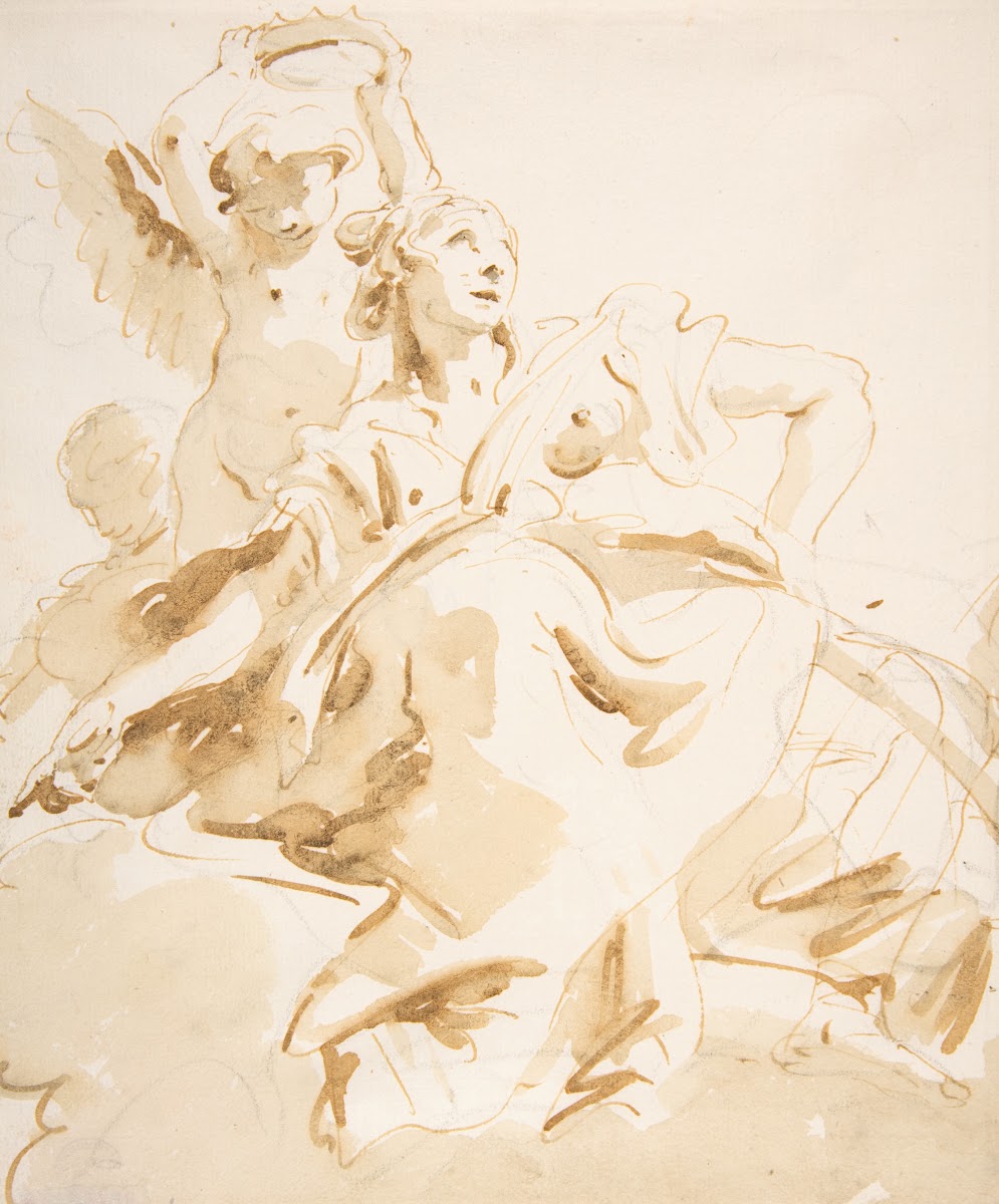 Winged Putto Crowning a Seated Woman Who Looks Upward 16961770