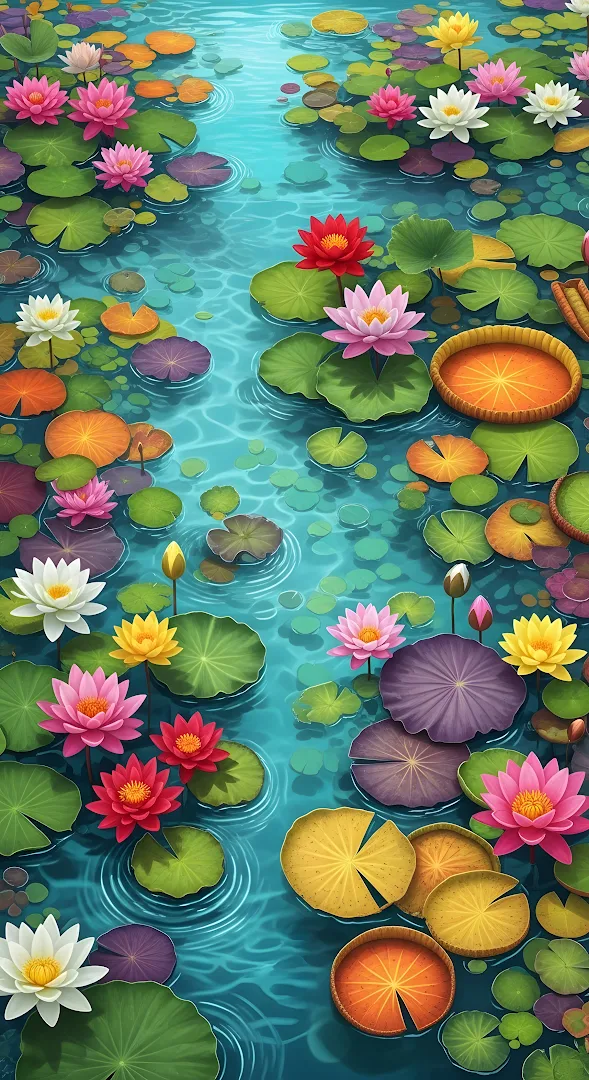 Colorful Water Lilies Pond Illustration Turquoise Ripples
