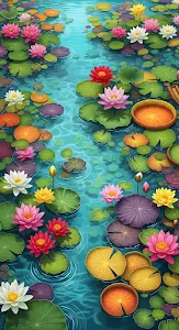 Colorful Water Lilies Pond Illustration Turquoise Ripples