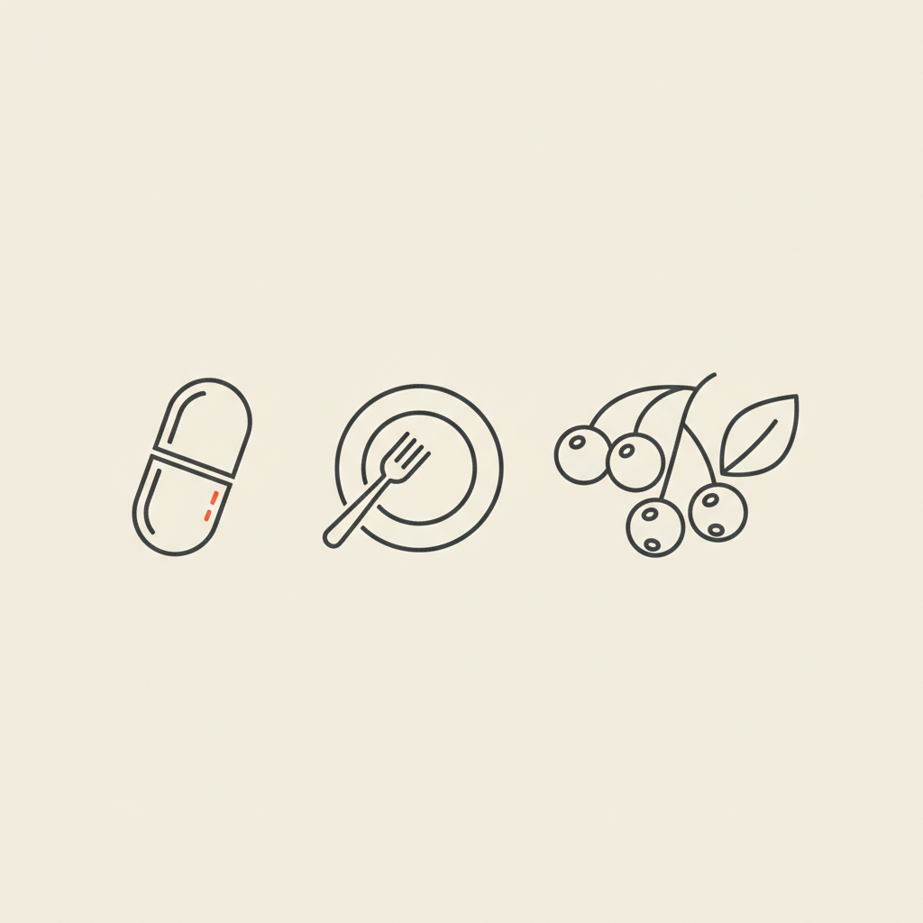 Minimal Tonum-style line illustration of a capsule, small plate with fork, and stylized berry cluster on beige background, representing visceral fat supplements.