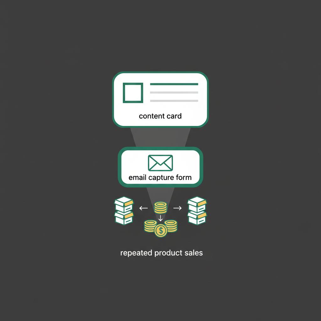 Minimalist 2D vector funnel showing content card to email capture to repeated product sales representing make passive income online in Finance Police brand colors