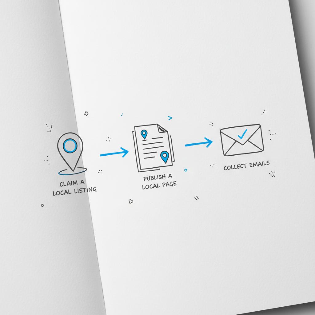 Close-up notebook sketch of a three-step flow with map-pin, document and envelope icons connected by #1a5bfb arrows illustrating best free advertising workflow