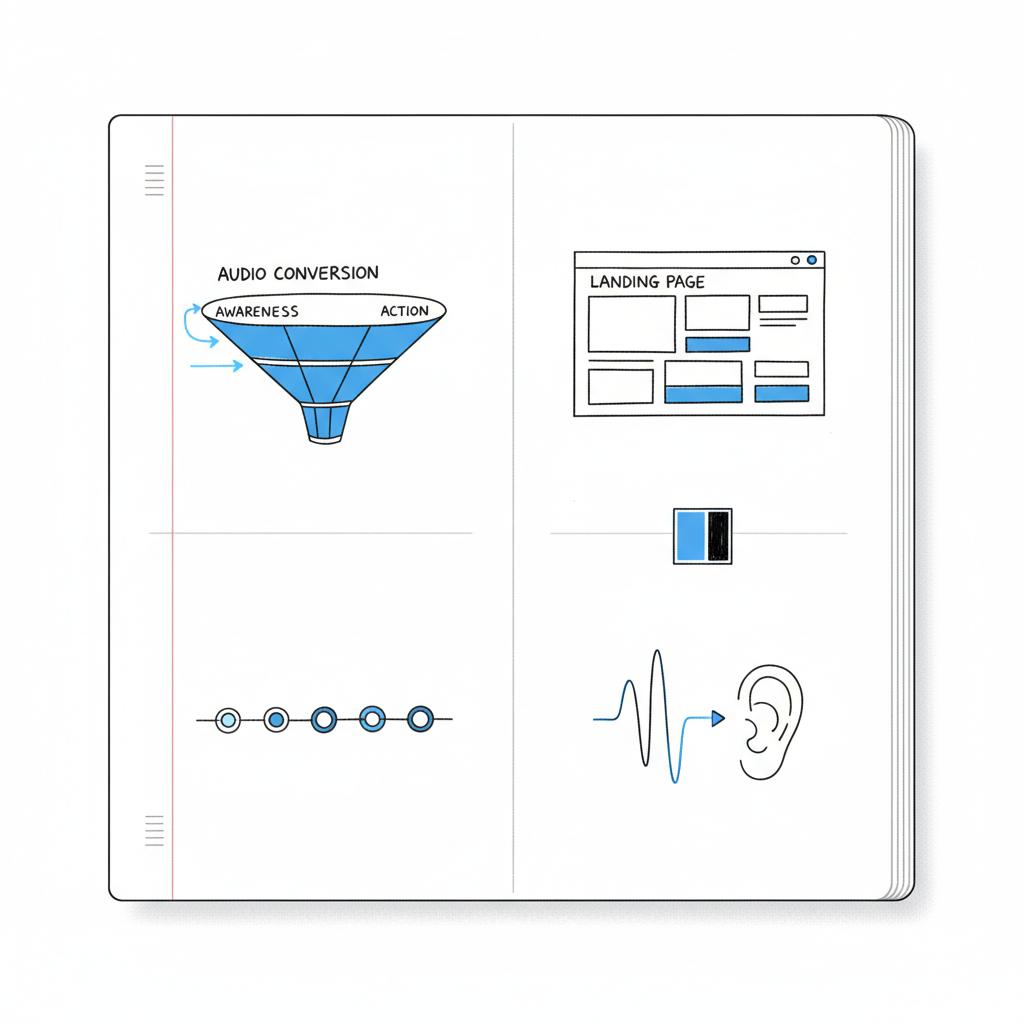Overhead vector notebook-style sketch of an audio marketing plan with funnel, landing page mockup and color swatch in Agency Visible colors &mdash; are radio ads effective