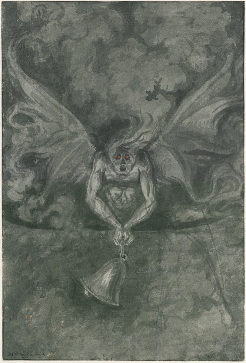 Winged devil with fiery eyes tolling a bell