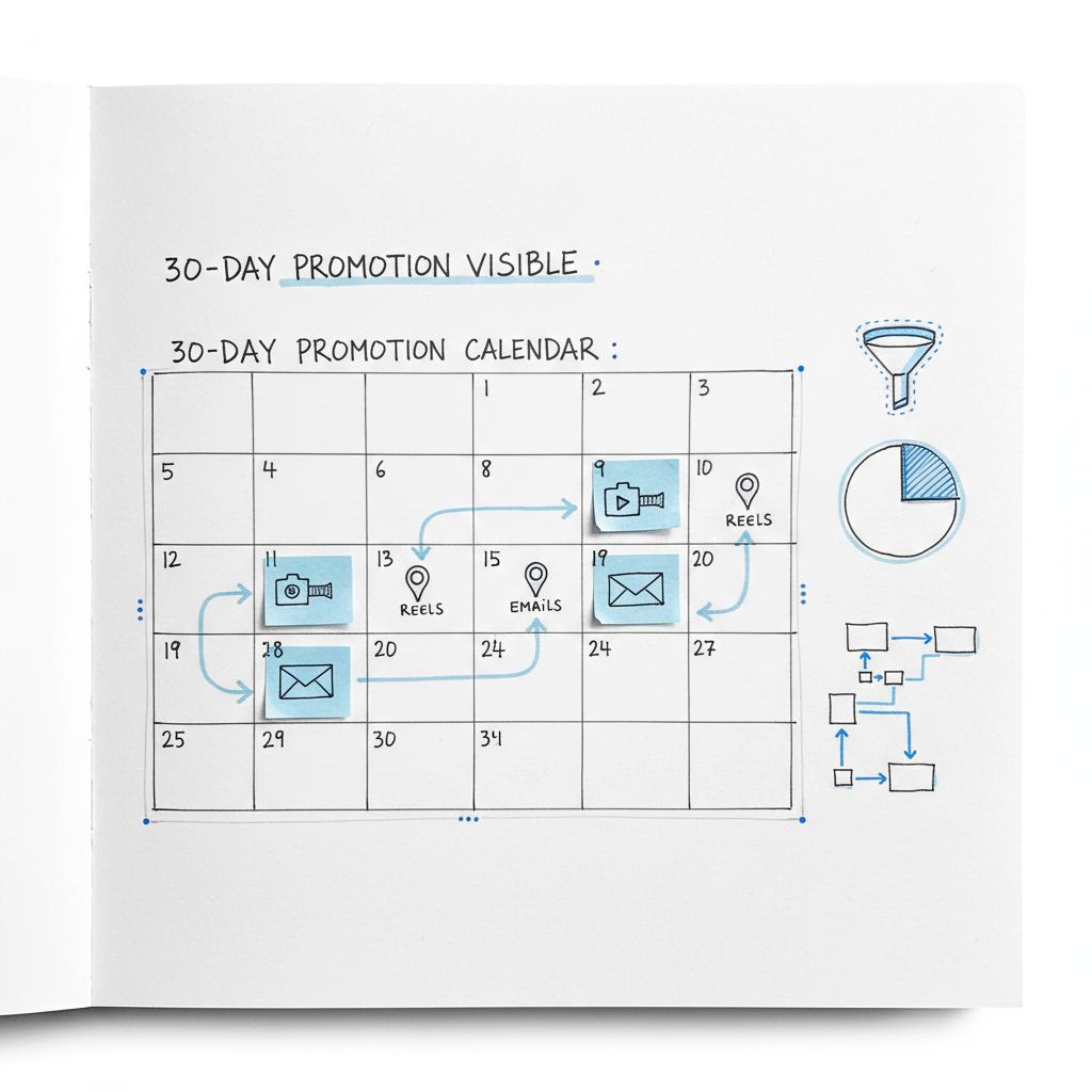 How do you advertise yourself as an event planner? Close-up notebook sketch of a 30-day promotional calendar with sticky notes, arrows connecting tasks, and small icons for reels, emails, and meetings in Agency Visible colors.