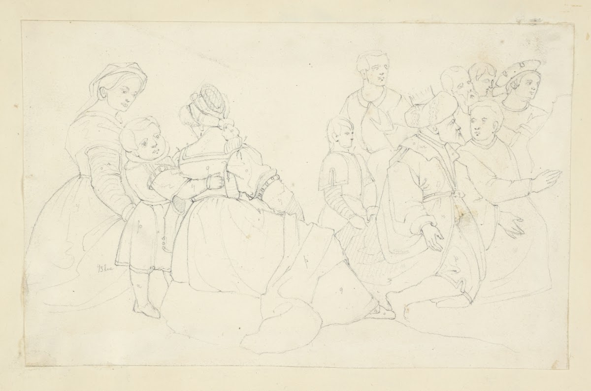 Two women and a boy and a group of men and boys 1840
