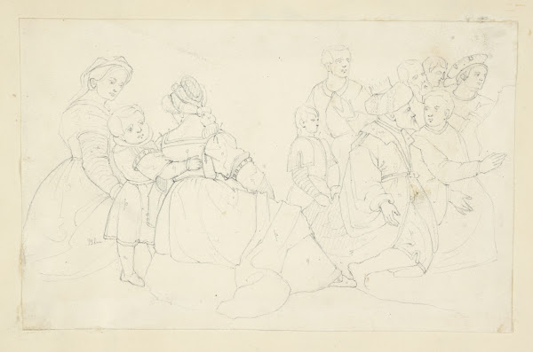 Two women and a boy and a group of men and boys 1840