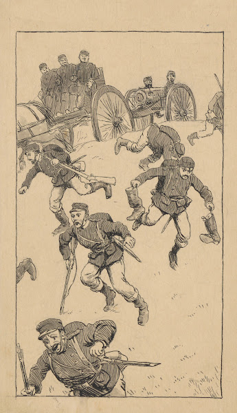 Soldiers running other soldiers aboard horse drawn carriages and still others wa