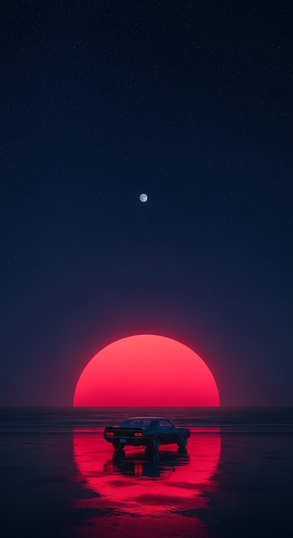 Surreal Night Drive Classic Car on Beach Under Giant Red Sun