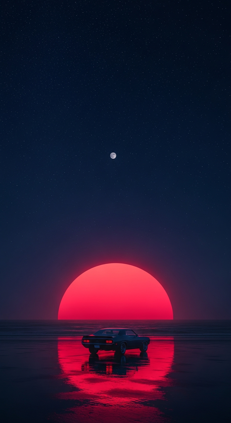 Surreal Night Drive Classic Car on Beach Under Giant Red Sun - Free 4K mobile Wallpaper