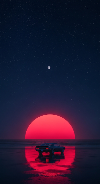 Surreal Night Drive Classic Car on Beach Under Giant Red Sun - Free mobile Wallpaper